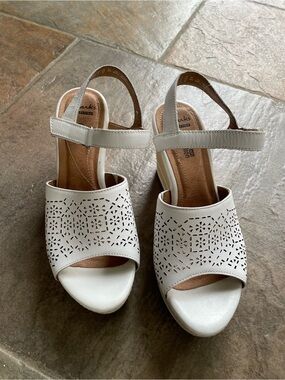 Clarks White Laser-Cut Open-Toe Slingback Sandals